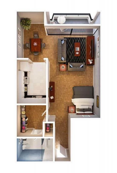 A series of images showing a small apartment layout with a kitchen, living room, and bathroom.